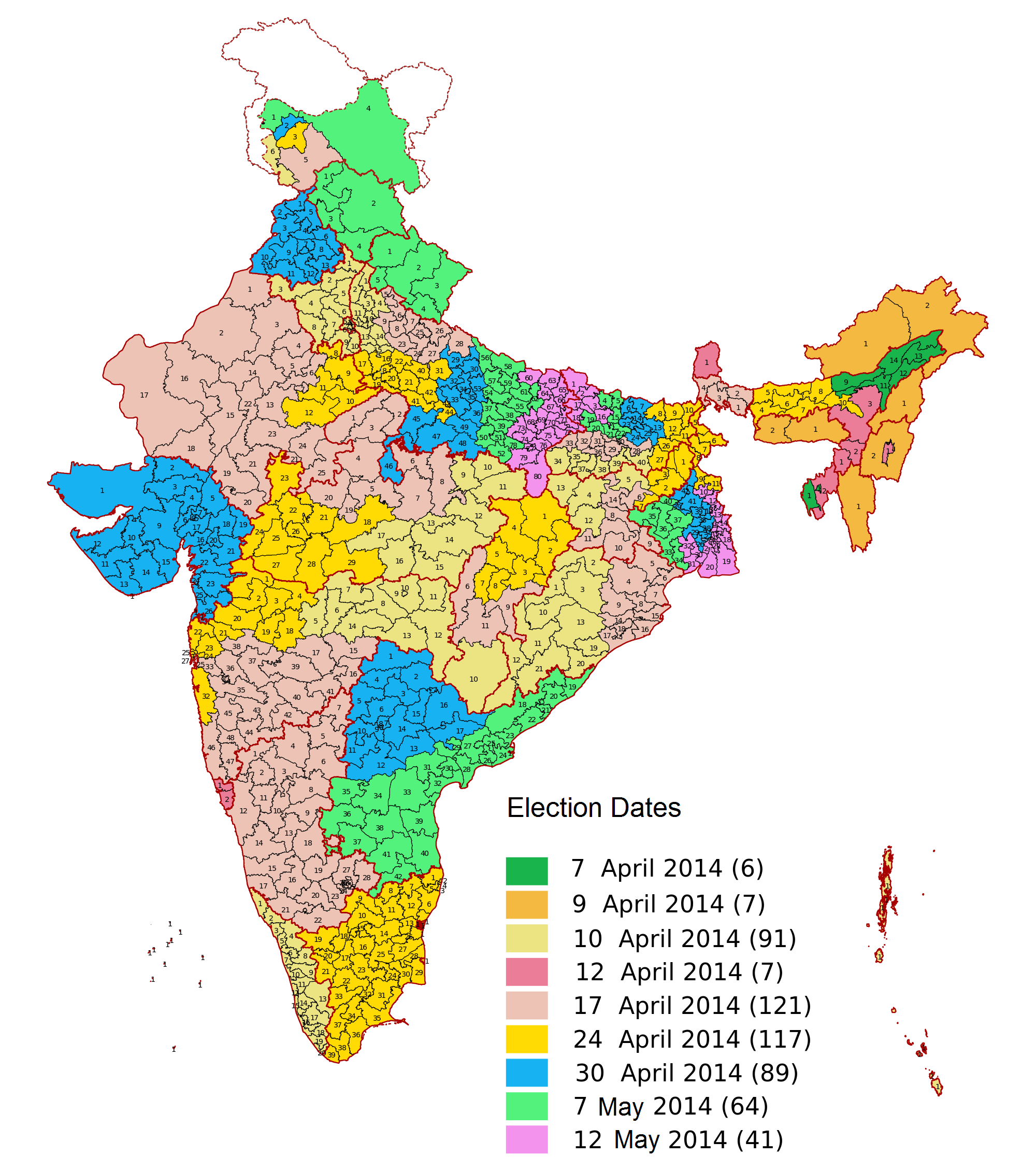 Election dates of Indian general election, 2014.png