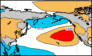Гавайский антициклон (красный цвет)
