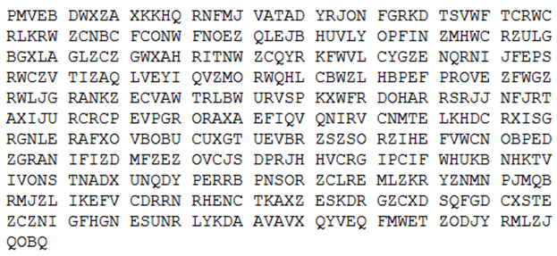 Пример шифра, созданного возможно при помощи цилиндра Джефферсона.