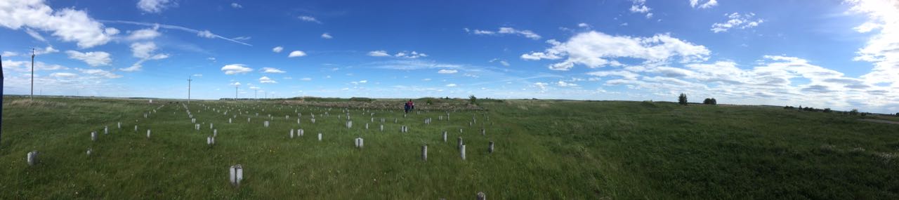 Панорама части Билярского городища: В центре — комплекс Мечеть, слева — Дом феодала. На фоне и справа — оборонительный земляной вал, передний план — законсервированный колодец