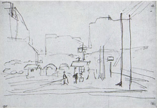 D151. Эскиз для W443: вид за мостом Европы, на заднем плане два входа в туннель Батиньоль, над которым возвышаются здания