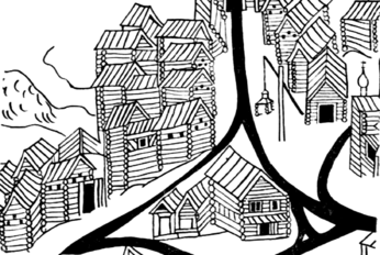 Жилые дома на фрагменте плана Тихвинского посада (Ленинградская обл.). 1678 г. Слева вверху — трёхкамерные избы-связи на подклетах