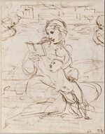 Raphael - Reading Madonna and Child in a Landscape betweem two Cherub Heads (recto), 1509 - Google Art Project.jpg
