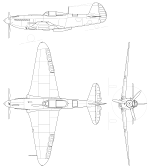 Yakovlev Yak-9P 3-view line drawing.svg