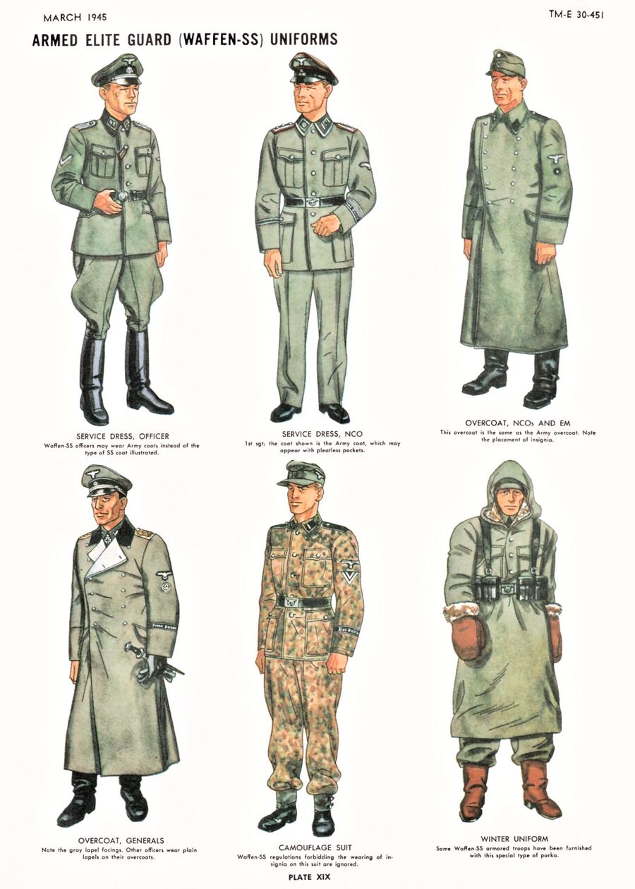 19 article-hdbk-TM-E-30-451 Page 859 Handbook on German military forces US War Dep March 1945--XIX Armed Elite Guard Waffen-SS Uniforms. service dress, overcoat, camouflage suit, winter. No known copyright. Contrast.jpg
