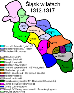 Бжегское княжество (серое) в 1312 году