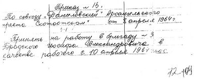 Приказ №&nbsp;15 по совхозу «Даниловский» Архангельского треста «Скотооткорм». 8 апреля 1964