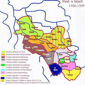 Силезия в 1306—1309 годах. Козленское княжество закрашено ярко зелёным цветом