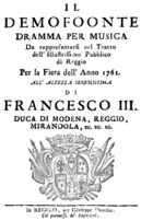 Niccolò Piccinni - Demofoonte - titlepage of the libretto - Reggio nell Emilia 1761.jpg