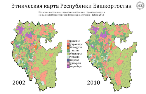 Этническая карта Башкирии по городским и сельским поселениям в 2002 и 2010 годах.png