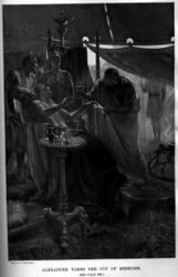 Alexander hands his doctor the note warning that his doctor is poisoning him whilst proceeding to take the medicine, by Andre Castaigne (1898-1899).jpg