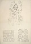 An 1853 sketch of 6th century stone carvings of standing Narasimha Man-Lion Vishnu avatar, other ceiling ceiling artworks at Cave 3, Badami Hindu Cave Temple Karnataka.jpg