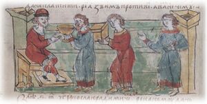 Приношение Олегу дани покорёнными племенами (884). Миниатюра из Радзивилловской летописи, конец XV века