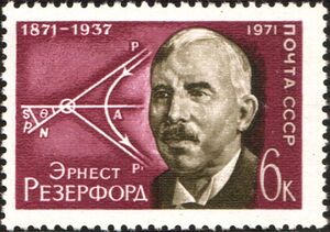 The Soviet Union 1971 CPA 4043 stamp (Ernest Rutherford and Diagram of Rutherford Scattering).jpg