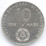 10 Mark DDR 1978 - 3. Internationaler Gemeinschaftsraumflug der Sowjetunion - Wertseite.JPG