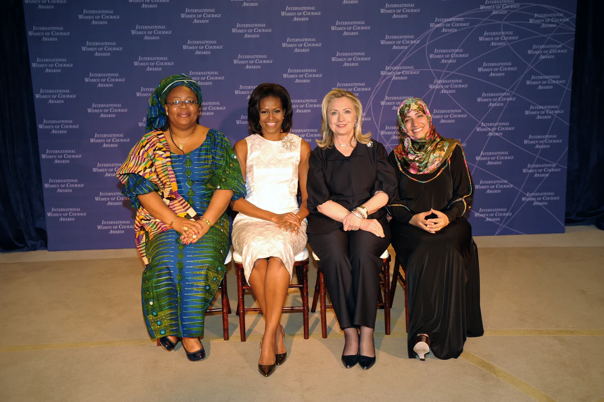 Secretary Clinton and First Lady Obama With 2011 Nobel Peace Prize Laureates Leymah Gbowee and Tawakkol Karman.jpg
