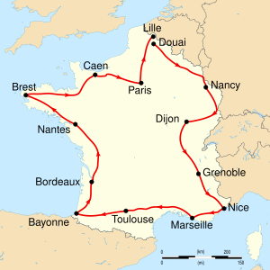 Маршрут гонки по часовой стрелке со стартом и финишем в Париже