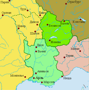 Бургундские государства в 925&nbsp;году &nbsp;&nbsp;&nbsp;&nbsp;&nbsp;Королевство Нижняя Бургундия&nbsp;&nbsp;&nbsp;&nbsp;&nbsp;Королевство Верхняя Бургундия &nbsp;&nbsp;&nbsp;&nbsp;&nbsp;Западнофранкское королевство&nbsp;&nbsp;&nbsp;&nbsp;&nbsp;Восточнофранкское королевство&nbsp;&nbsp;&nbsp;&nbsp;&nbsp;Королевство Италия Пунктиром обозначена территория Бургундии, отошедшая в 843&nbsp;году к Западнофранкскому королевству (будущее герцогство Бургундия)