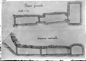 Two elevations of the shaft, corridor and burial chamber