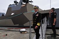 US Navy 110830-N-IZ292-185 Vice Adm. Harry B. Harris Jr., commander of U.S. 6th Fleet, departs the Skjold-class coastal corvette HNoMS Steil (P963).jpg