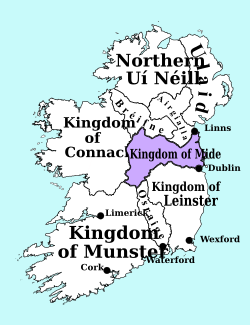 Основные королевства средневековой Ирландии. Красным цветом выделено королевство Миде, около 900 года