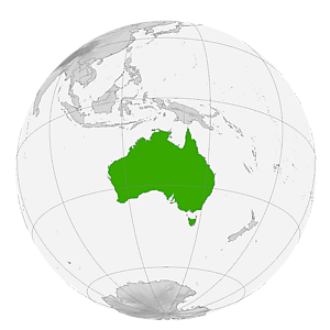 Австралия на карте мира. Светло-зелёным отмечена Австралийская антарктическая территория, на которую претендует Австралия.