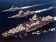 USS Enterprise (CVAN-65), USS Long Beach (CGN-9) and USS Bainbridge (DLGN-25) underway in the Mediterranean Sea during Operation Sea Orbit, in 1964.jpg