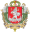A coat of arms depicting a white man with a white cape holding a golden staff and giving a ride to a white, golden-haloed child on his shoulder