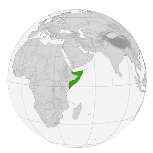 Сомали на карте мира. Светло-зелёным обозначена спорная территория Сомалиленда[1]
