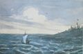 Морской вид с парусной лодкой, фрагмент, акварель. 1828—1831.