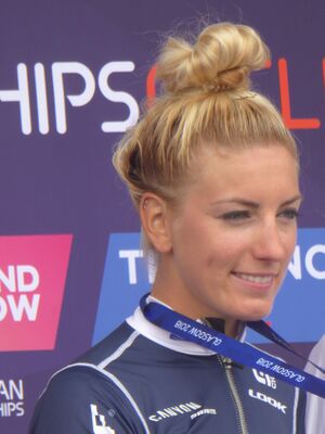 Pauline Ferrand-Prévot - 2018 UEC European Mountain Bike Championships (Women's cross-country - podium).jpg