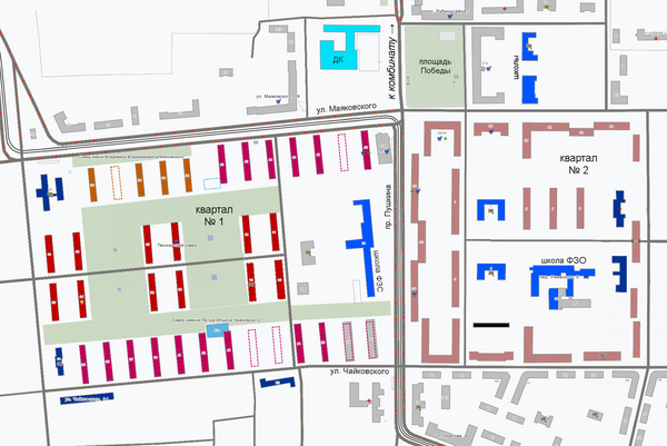 Значения цветов см. в таблице. Утраченные постройки обозначены пунктиром