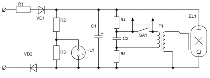 Схема электронной сетевой фотовспышки.