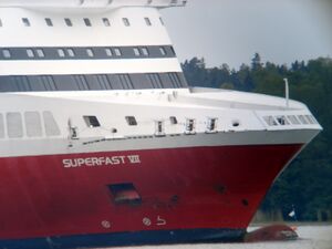 MS Superfast VII keula, Neste Oilin edustalla matkalla Naantaliin Turun Korjaustelakalle, 14.5.2008.JPG