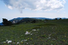 Вид на Ай-Петринскую яйлу с её восточной оконечности. В левой части видны зубцы Ай-Петри, далёкое возвышение в правой части снимка — гора Бодене-Кыр.