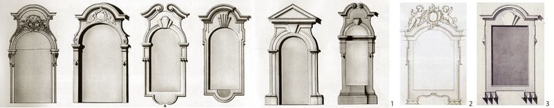 Проекты обрамления оконных, дверных проёмов и ниш для Зимнего дворца (1, 2), окна деревянной галереи у Монплезира (3). 1750-е гг.
