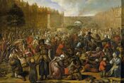 De uitdeling van haring en wittebrood na de opheffing van het beleg van Leiden, 3 oktober 1574 Rijksmuseum SK-A-3911.jpeg