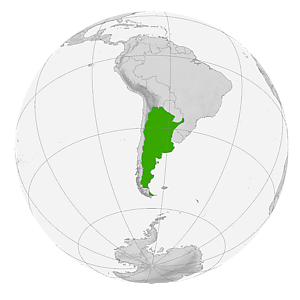 Аргентина на карте мира. Светло-зелёным отмечены Аргентинская Антарктика, на которую претендует Аргентина; а также Фолклендские острова и Южная Георгия и Южные Сандвичевы Острова, спорные с Великобританией.