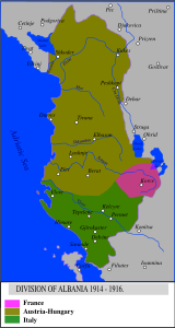 Оккупация Албании в Первую мировую войну. Французская зона оккупации закрашена розовым.