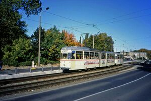 Gotha articulated tram no 704 on route 12 Rostock October 1994.jpg
