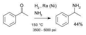 Reductive amination acetophenone ammonia.svg