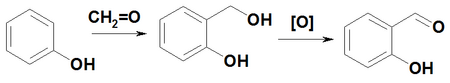 Synthesis of salicaldehyde from phenol and formaldehyde.png