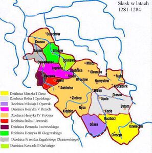 Силезия в 1281—1284 годах. Львувецкое княжество закрашено бордовым цветом