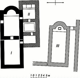 План фундаментов зданий в Судагылане (I&nbsp;— VIII—IX&nbsp;вв., II&nbsp;— VIII—IX&nbsp;вв., III&nbsp;— V—VI вв.)[1]