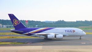 THAI AIRWAYS Airbus A380-800 (taxiing at Tokyo Narita Airport).jpg