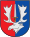 A coat of arms depicting a silver-bladed sword with a golden hilt standing erect between the silver antlers of a silver moose head