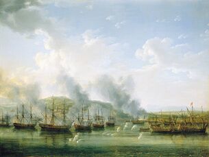 Srazhenie russkogo flota s tureckim u kreposti damietta 21go oktyabrya 1772go goda resized.jpg