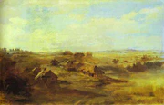 Fyodor Vasilyev Landscape with peasants huts and pond near St Petersburg.jpg