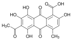 6-acetyl-2,5,7,8-tetrahydroxy-4-methyl-9,10-dioxo-9,10-dihydroanthracene-1-carboxylic acid.svg