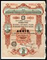 10 акций в 100 руб, выдано на имя «личной почётной гражданки Клавдии Ивановны Прибыловой». Москва, 1911